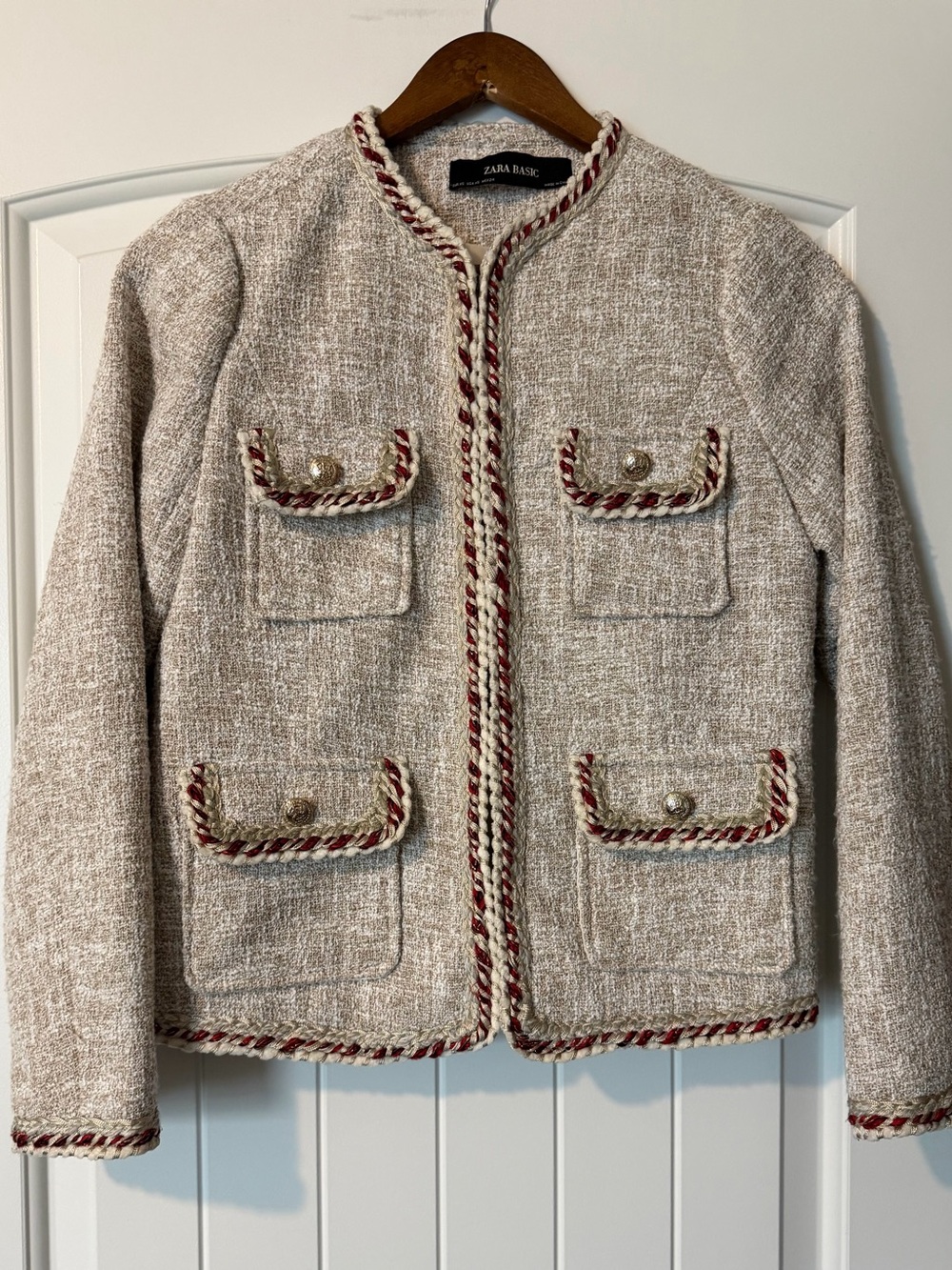 Zara Cream Tweed Pocket Jacket with Contrast Trim